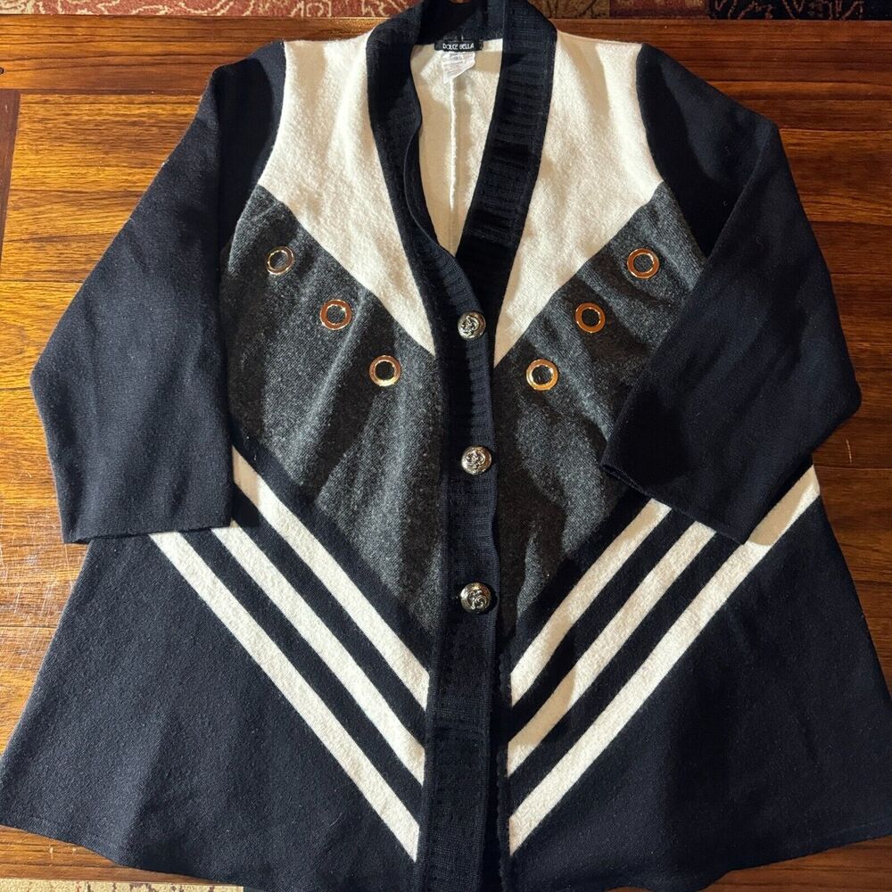 Dolce Bella Cardigan Sweater Wool Blend Black White 3/4 Sleeves Made in Turkey L